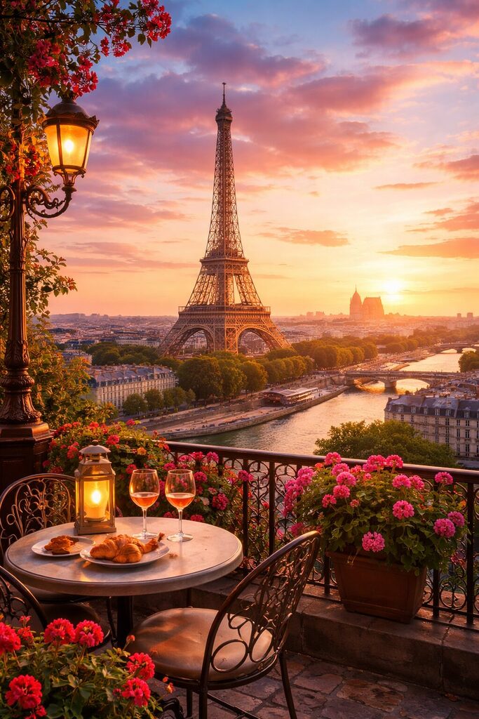 Eiffel Tower and Seine River in Paris during spring with cherry blossoms and boats