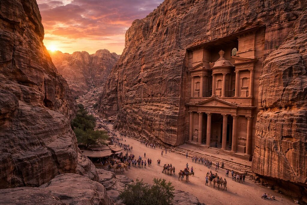Petra Treasury in Jordan at sunset with sandstone cliffs, Siq canyon path, and visitors exploring the ancient city — Top travel destinations in Asia 2026