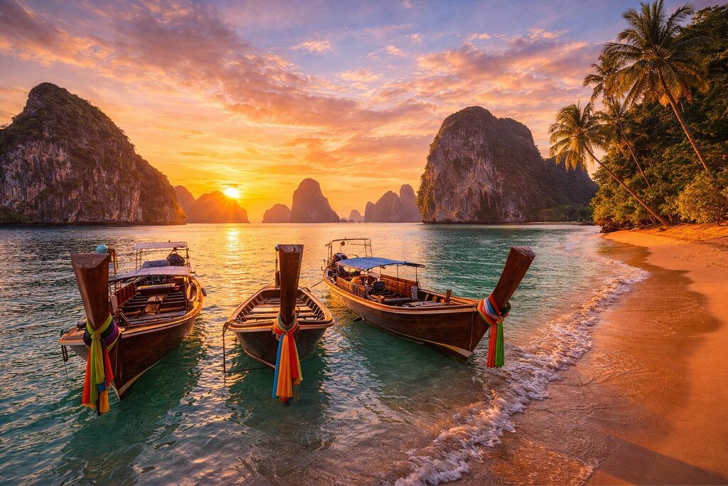 Longtail boats on Phuket beach at sunset with limestone islands and turquoise water in Thailand