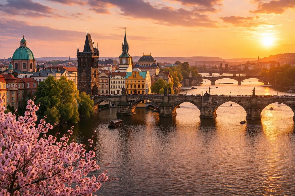 Prague skyline at sunset with Charles Bridge, Vltava River, historic towers and colorful buildings