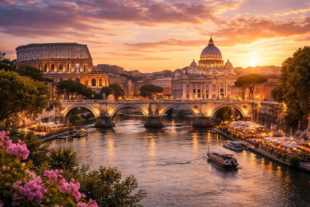 Rome at sunset featuring the Colosseum, St Peterโs Basilica, and Tiber River with bridge and city lights