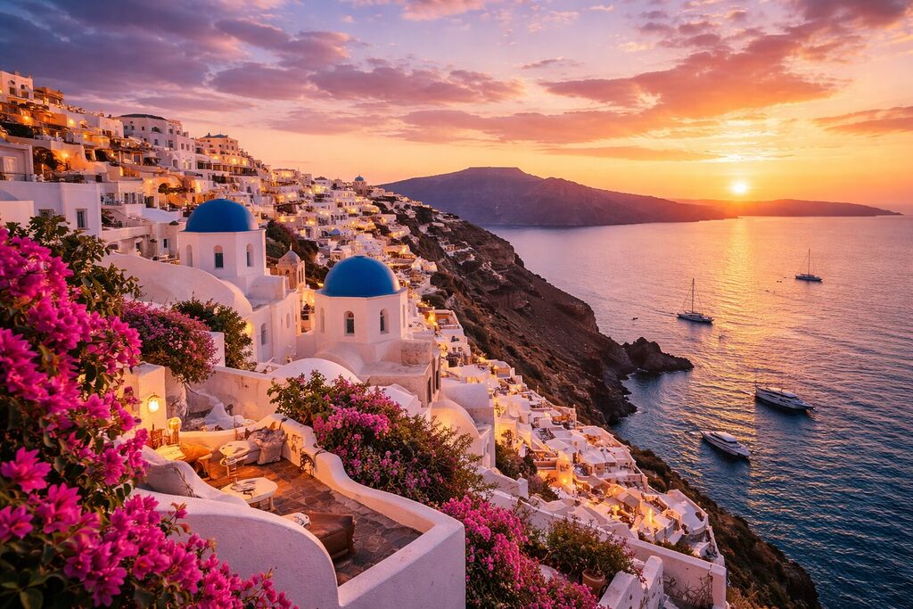 Santorini Greece Oia village at sunset with blue domes, white buildings and Aegean Sea views
