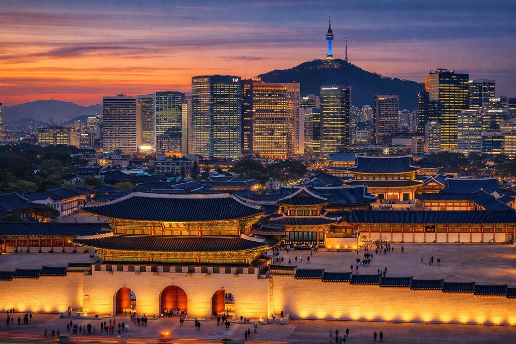 Gyeongbokgung Palace in Seoul at sunset with modern skyline and N Seoul Tower in the background