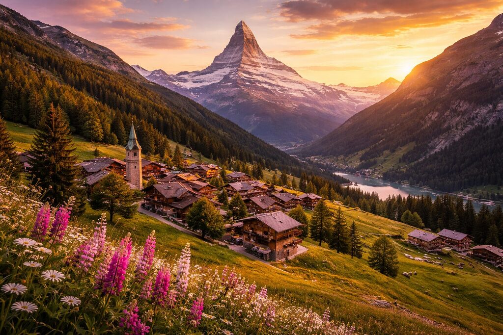 Swiss Alps alpine village with Matterhorn mountain at sunset, green valley, lake and wooden chalets in Switzerland