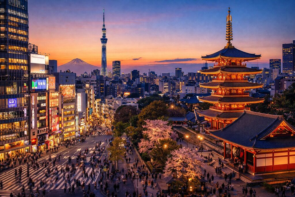 Tokyo skyline at sunset featuring Tokyo Skytree, Senso-ji temple, and Mount Fuji in the background