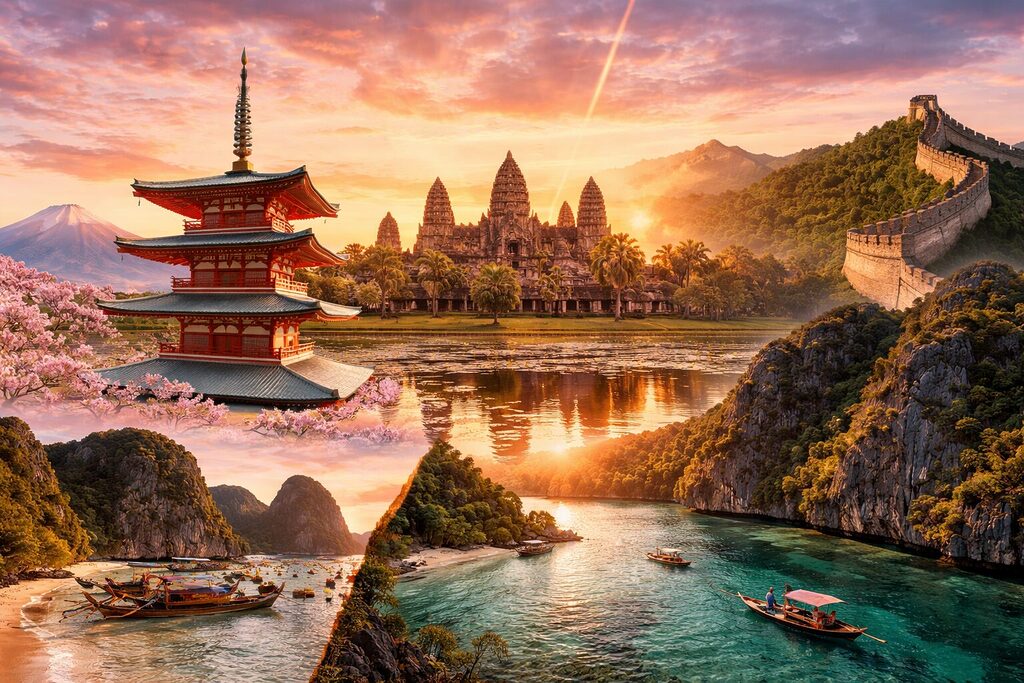 Top travel destinations in Asia including Japan, Thailand, China, Cambodia and Palawan with iconic landmarks collage
