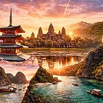Top travel destinations in Asia including Japan, Thailand, China, Cambodia and Palawan with iconic landmarks collage