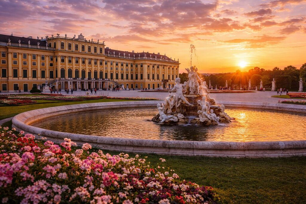 Schรถnbrunn Palace in Vienna at sunset with fountain, gardens and baroque architecture in Austria