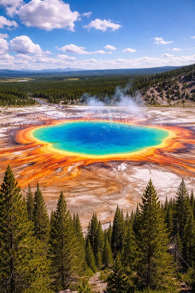 Yellowstone Grand Prismatic Spring with vibrant colors, steam and geothermal landscape in USA