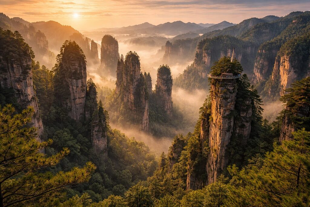Zhangjiajie National Forest Park sandstone pillars at sunrise with mist and glass skywalk in China