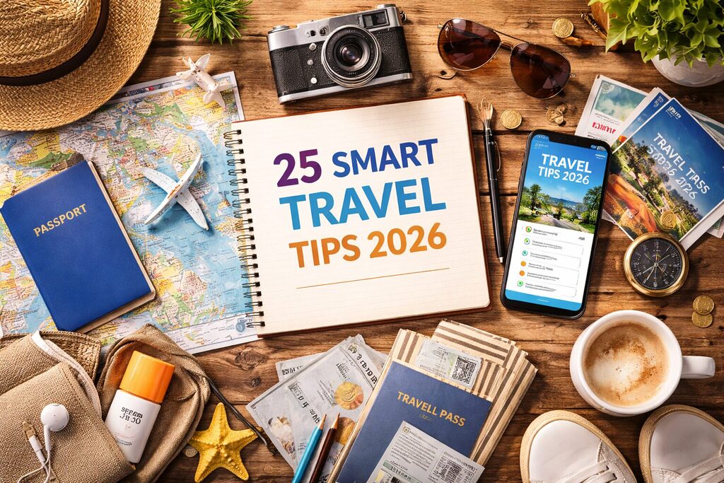 Flat lay of travel essentials including passport, map, camera and smartphone for travel tips guide 2026