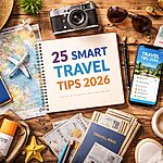 Flat lay of travel essentials including passport, map, camera and smartphone for travel tips guide 2026