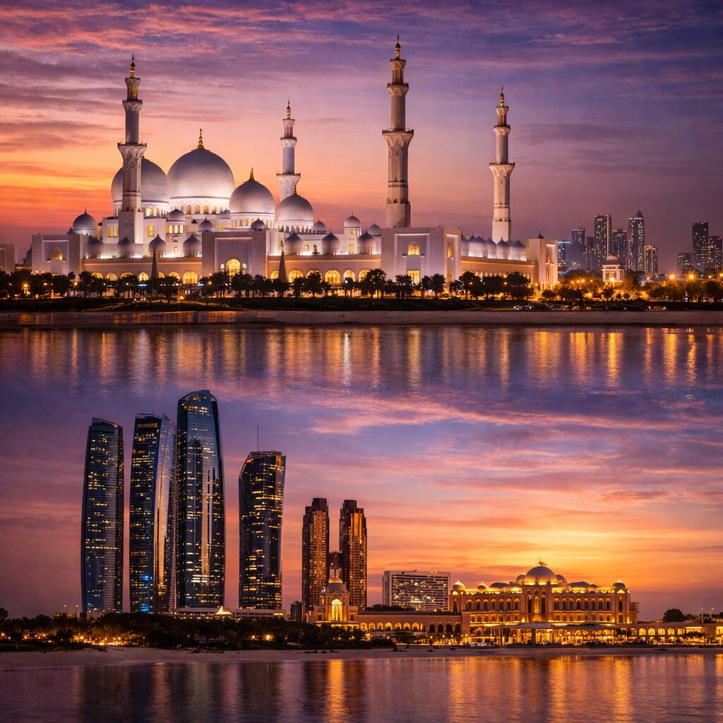 Sheikh Zayed Grand Mosque and Abu Dhabi skyline at sunset in the United Arab Emirates