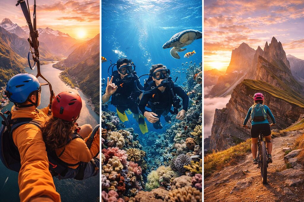 adventure travel experiences including paragliding scuba diving and mountain biking in scenic landscapes