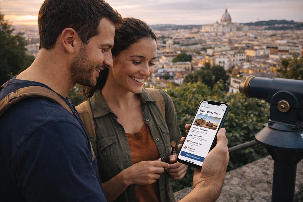 Travelers checking affordable attractions on smartphone with city view during sunset