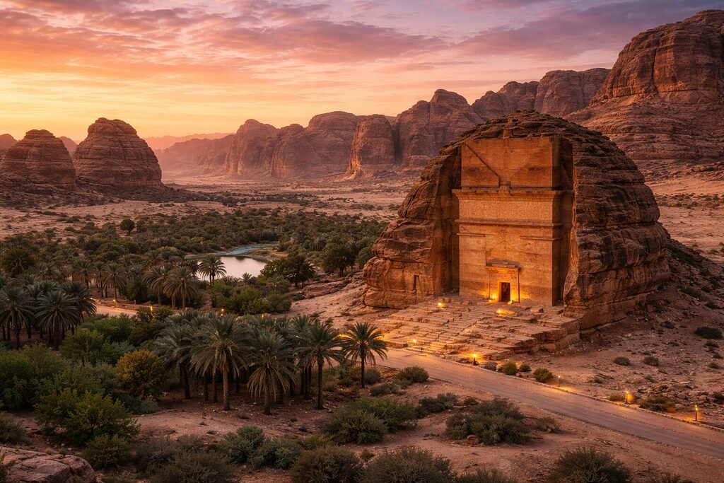 AlUla Hegra tomb carved into sandstone rock with desert landscape at sunset in Saudi Arabia