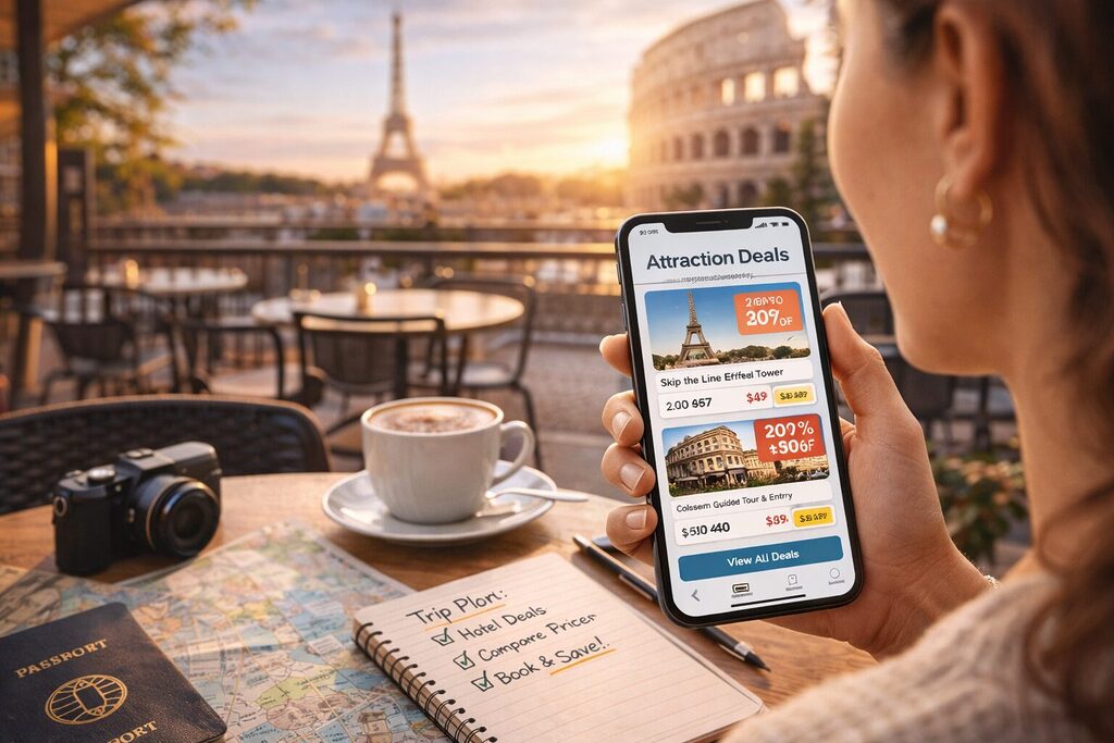 Traveler browsing attraction deals on smartphone with Eiffel Tower and Colosseum in background - best travel deals.