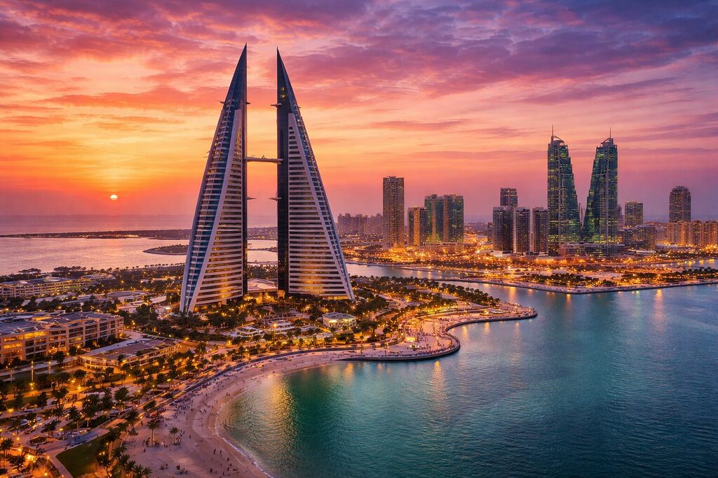 Manama skyline with Bahrain World Trade Center and waterfront at sunset in Bahrain