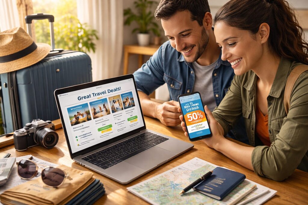 Couple booking travel deals on laptop and smartphone showing discounts while planning a trip