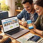 Couple booking travel deals on laptop and smartphone showing discounts while planning a trip