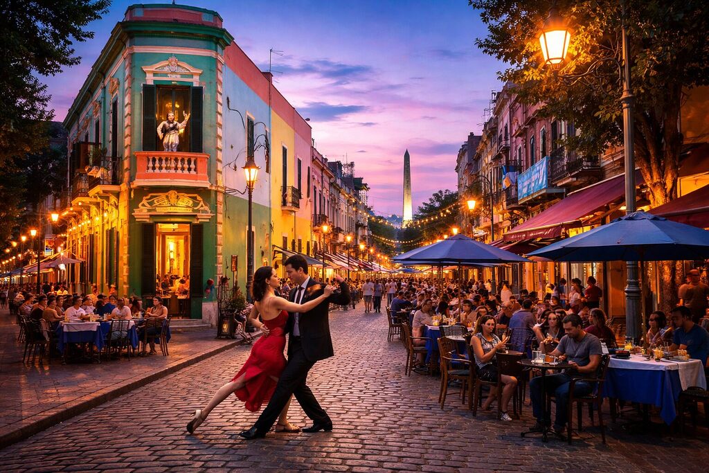 Buenos Aires La Boca street at sunset with tango dancers, colorful buildings and outdoor cafes in Argentina