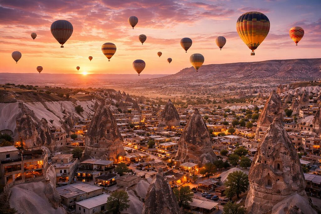 Cappadocia hot air balloons over fairy chimneys at sunrise in Türkiye