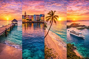 Caribbean travel destinations collage featuring tropical beaches palm trees colorful coastal towns and island cruise views at sunset