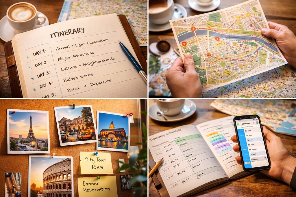 Travel itinerary planning with notebook, map, and smartphone for a 3 to 5 day city break trip