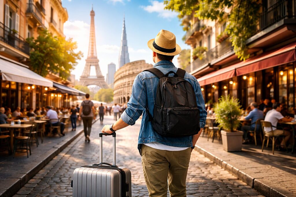 Traveler walking through vibrant city street with landmarks while on a city break trip