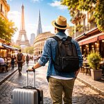 Traveler walking through vibrant city street with landmarks while on a city break trip