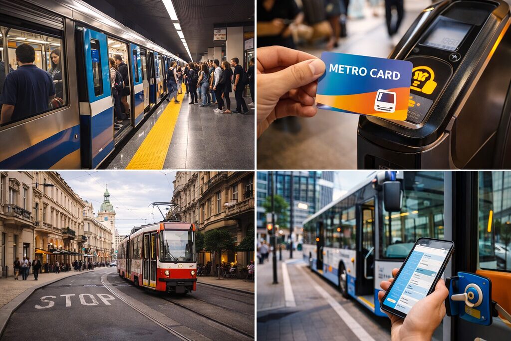 Metro train, tram, and bus public transport with travel card usage in a city break destination - City Break Travel Guide