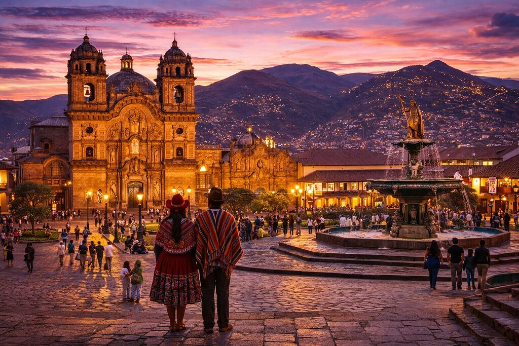Cusco Plaza de Armas at sunset with cathedral, fountain, mountains and traditional Peruvian culture