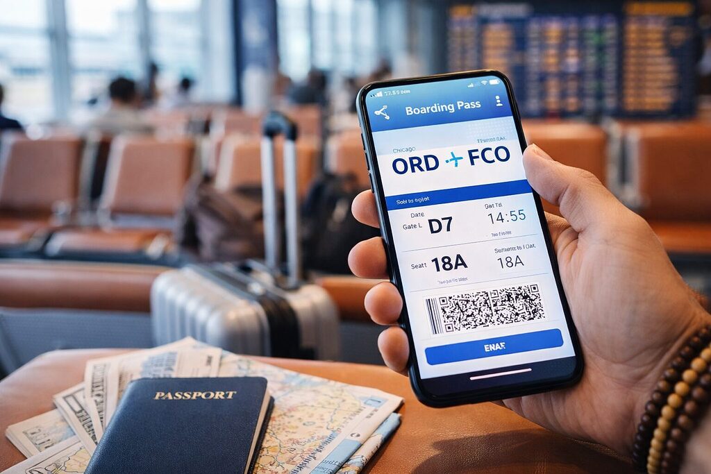 Traveler holding smartphone with digital boarding pass at airport with passport and luggage — How to plan an international trip