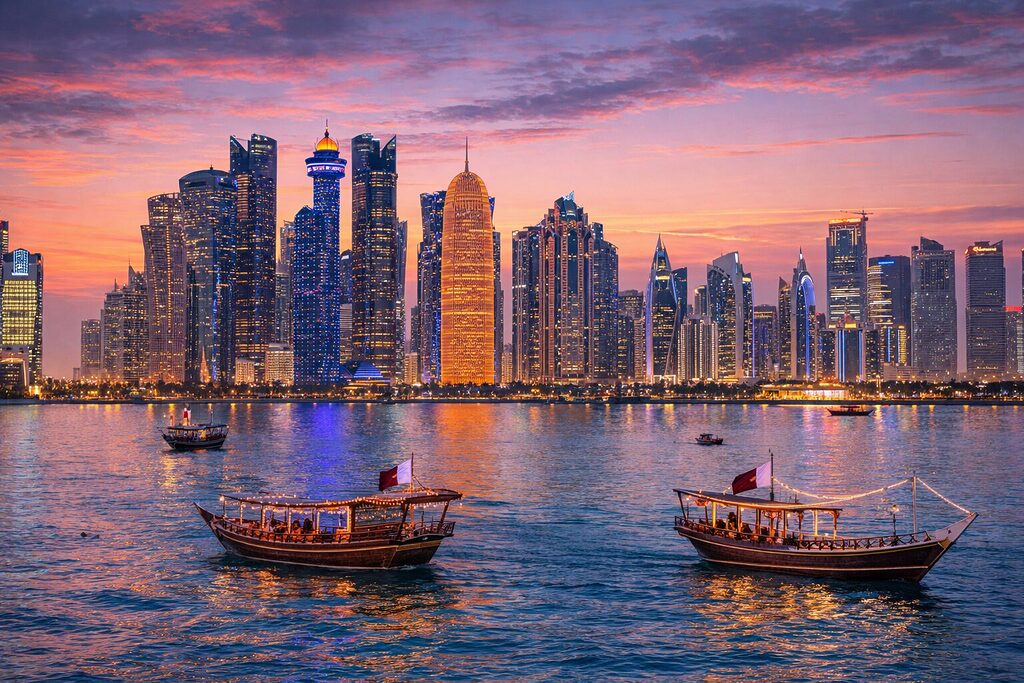 Doha skyline in West Bay with traditional dhow boats at sunset along the waterfront in Qatar