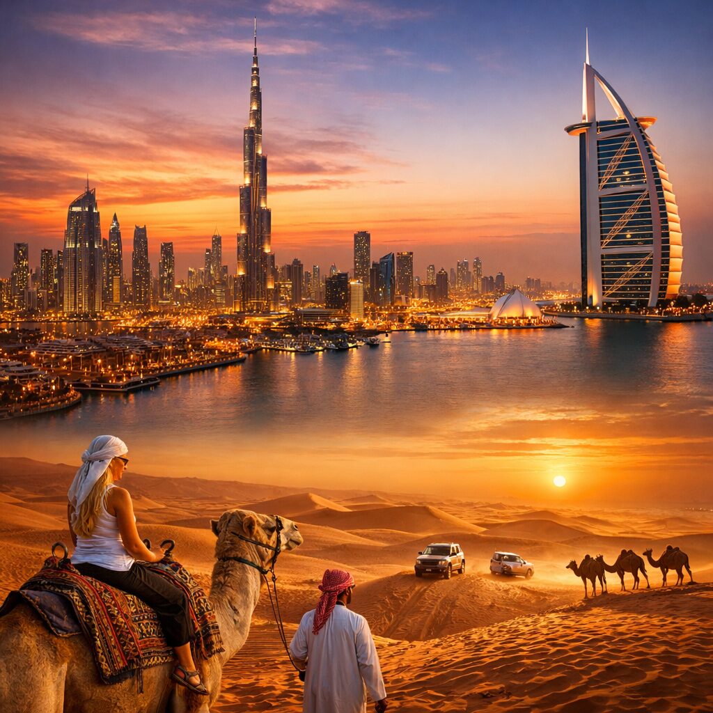 Dubai skyline with Burj Khalifa, Burj Al Arab, and desert safari experience at sunset in the UAE - Top Places to Visit in the Middle East in 2026
