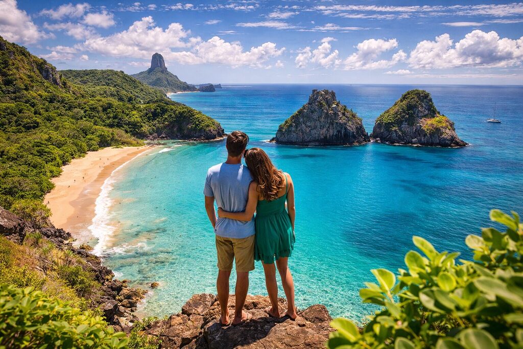Fernando de Noronha Baía do Sancho beach with turquoise water, cliffs and island views in Brazil