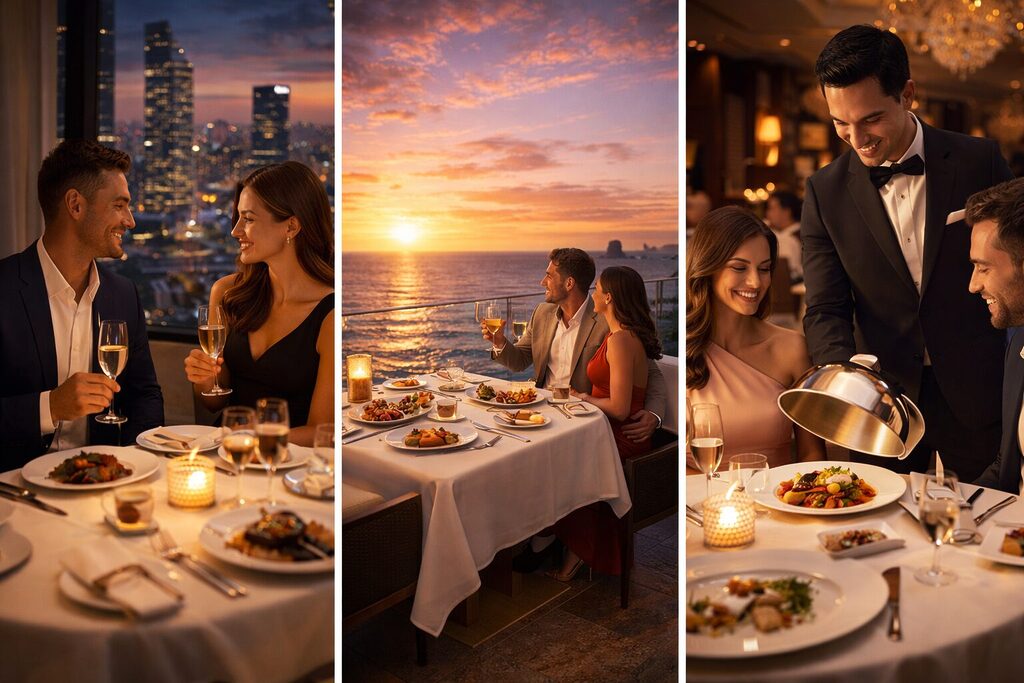 luxury fine dining experience with couples enjoying gourmet meals in elegant restaurant settings