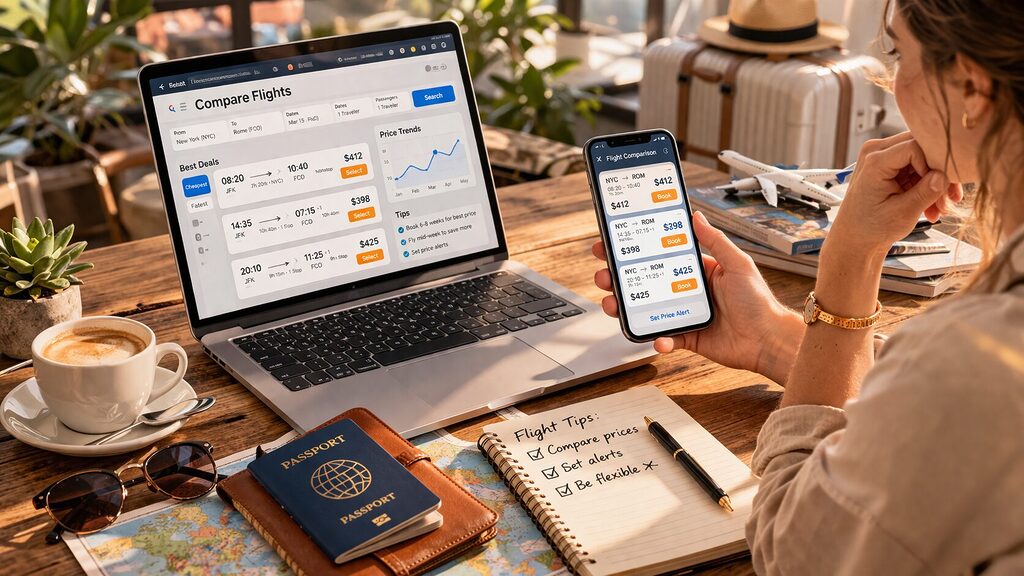 Traveler comparing flight prices on laptop and smartphone while planning a budget friendly trip - Save Money While Traveling