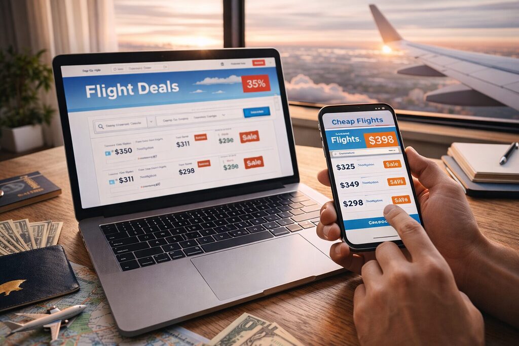 Traveler comparing flight deals on laptop and smartphone showing discounted prices for travel booking