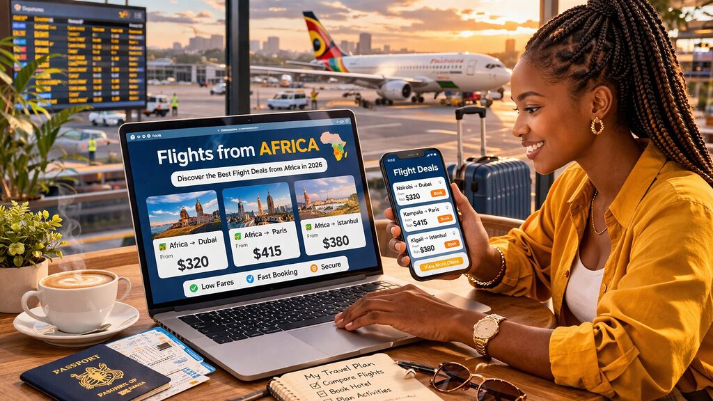 African traveler comparing international flight deals from Africa on laptop and smartphone at airport