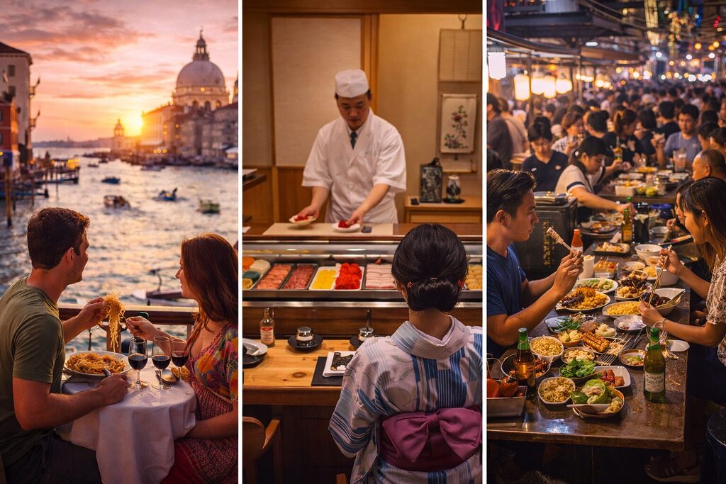 food travel experiences including Venice dining sushi preparation and street food market scenes