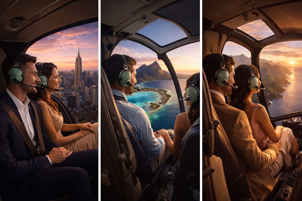 luxury helicopter tour experience over city skyline tropical island and coastal landscapes