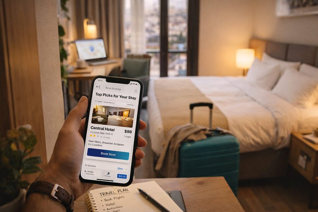 Traveler booking hotel on smartphone with comfortable modern hotel room and suitcase in background
