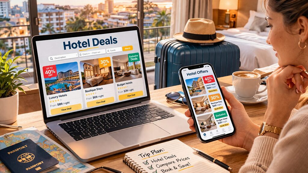 Traveler browsing hotel deals on laptop and smartphone showing discounted accommodation options