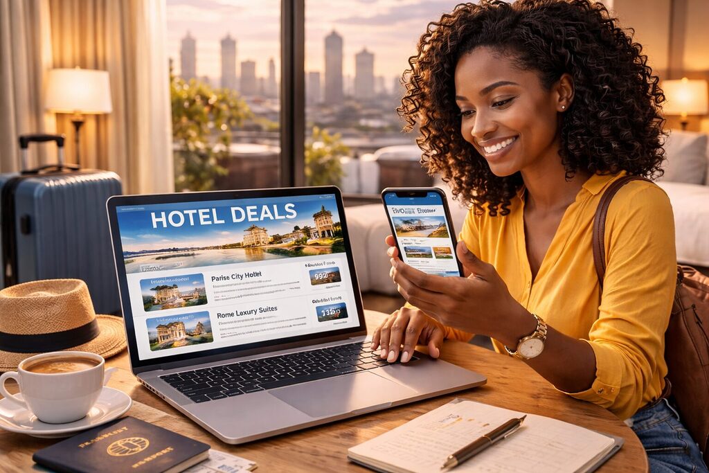 African traveler browsing hotel deals on laptop and smartphone in a modern hotel room abroad - Travel deals from Africa
