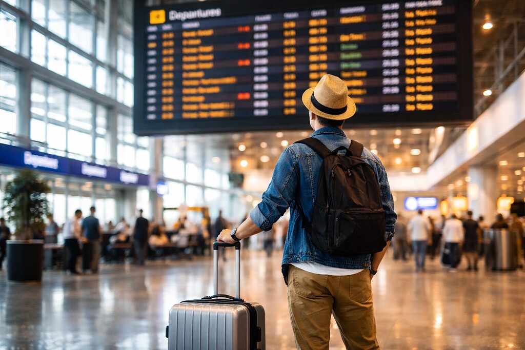 Traveler at airport checking departure board while planning an international trip