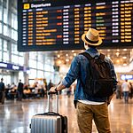 Traveler at airport checking departure board while planning an international trip