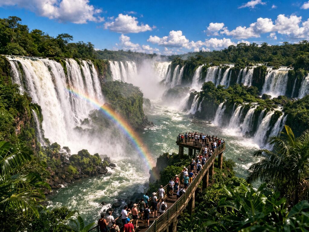 Iguazu Falls at sunrise with rainbow, waterfalls, rainforest and viewing platform in Argentina and Brazil