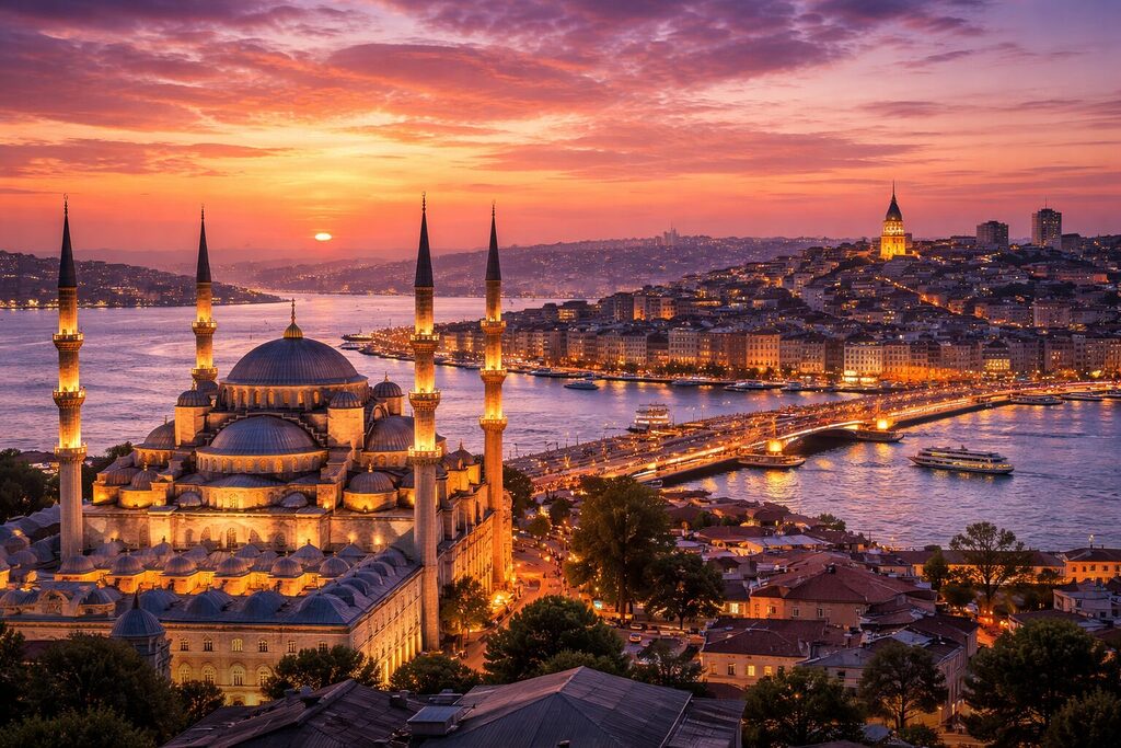 Istanbul skyline with Blue Mosque and Bosphorus at sunset in Türkiye