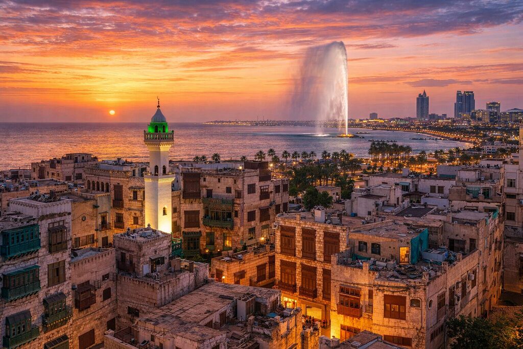 Jeddah Al Balad historic district with Red Sea coastline and King Fahd Fountain at sunset in Saudi Arabia